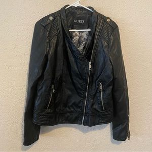 Women’s GUESS Faux Leather Black Moto Quilted Jacket Coat Size Large